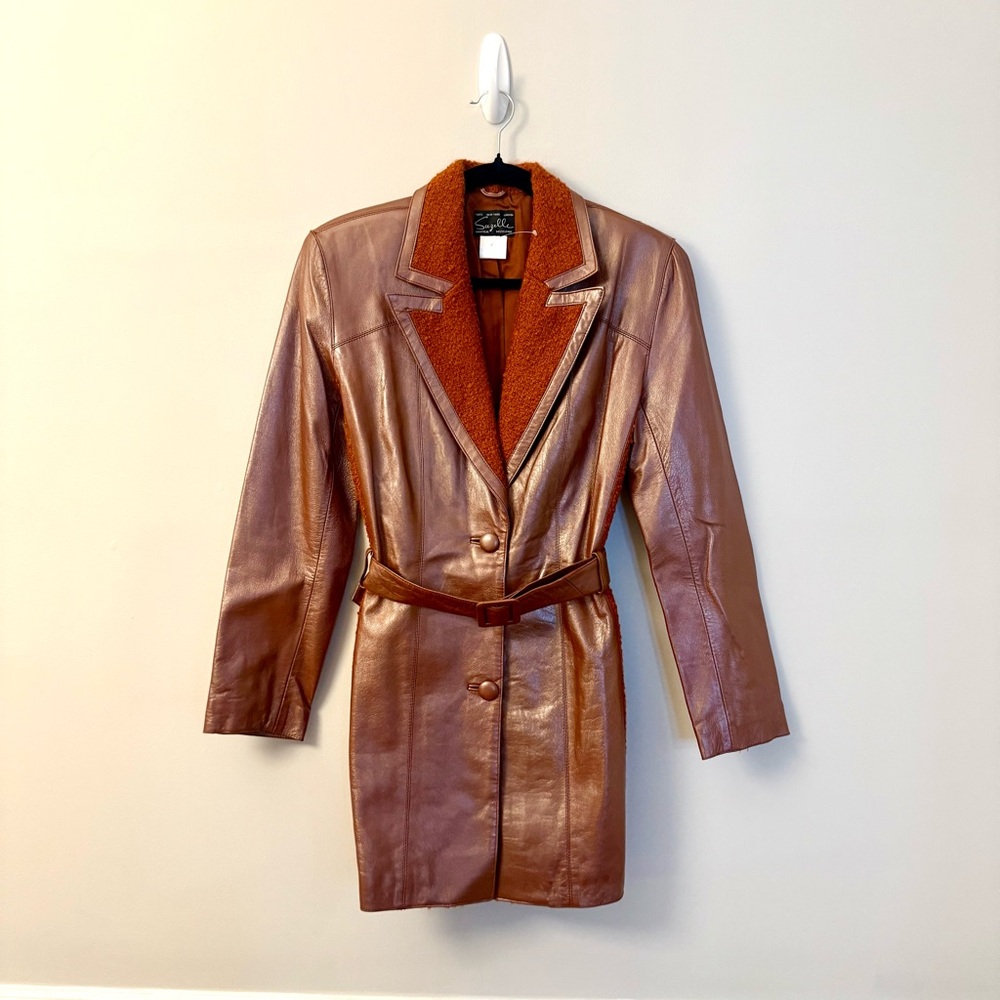 Suzelle Leather & Bouclé Coat Belted Brown Orange Size Small